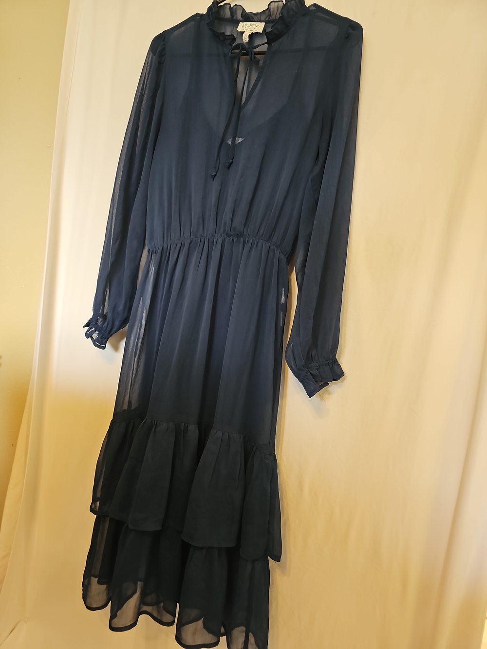 Navy Blue Sheer Tiered Midi DressSize: Small - Picture 6 of 9